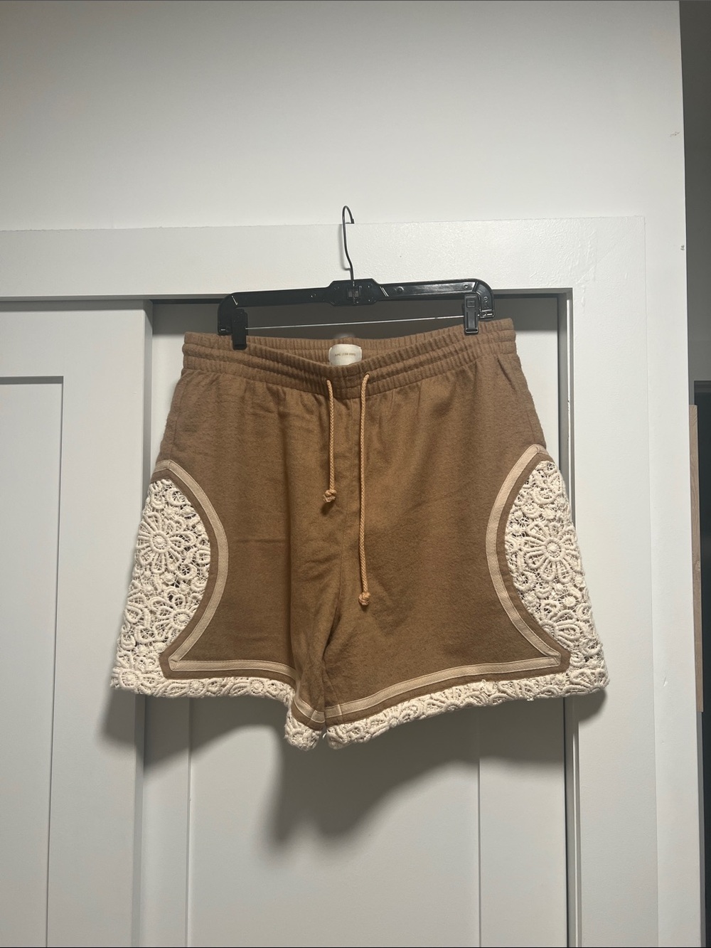 Aime Leon Dore Brown Shorts with Cream Crochet Trim